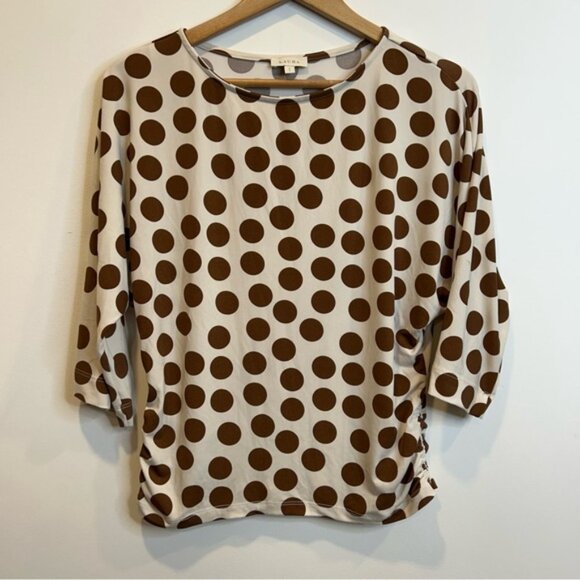 Laura Boat Neck Polka Dot Top Dolman Sleeve Ruched Sides Brown Cream - Picture 5 of 9